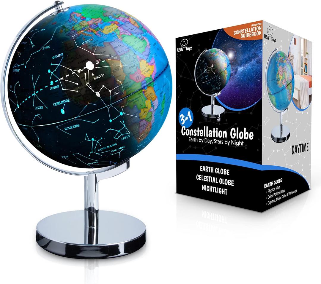 USA Toyz Illuminated World Globe with Stand - 3in1 STEM Globes for Adults and Kids, Constellation Map, Built-In LED Night Light Lamp, Easy to Read Texts, Non-Tip Base, 13.5 Inch Tall, 9 Inch Diameter