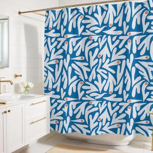 Matisse Blue and White Boho Modern Fabric Shower Curtain, Abstract Floral Art Shower Curtain, 72x72 Inches (Matisse)