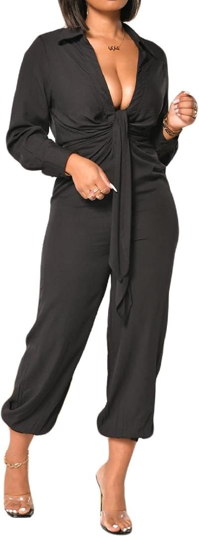 Women's Vintage Elegant Jumpsuit Long Sleeve Pleated High Waist Business Long Formal Jumpsuit Ankle Cuffs For A Party Club With Belt (Black, XL)