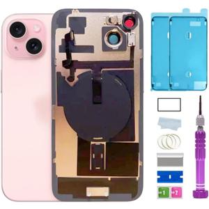 15 Plus Back Glass Replacement with Plate & Flex Cable and All Parts for iPhone 15plus Back Cover Glass (Pink, 6.7 Inch) + Waterproof Tape + Repair Tools (Pink)