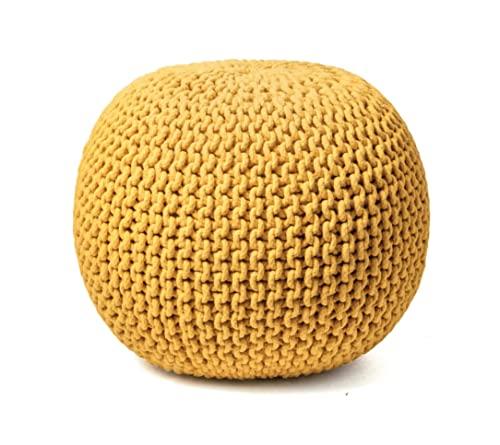 FRELISH DECOR Round Pouf Ottoman Hand Knitted 100% Cotton Pouf Foot Stool - Knitted Bean Bag - Floor Chair for Living Room Bedroom - Foot Rest for Couch (20 Diameter x 14 Height) - Yellow
