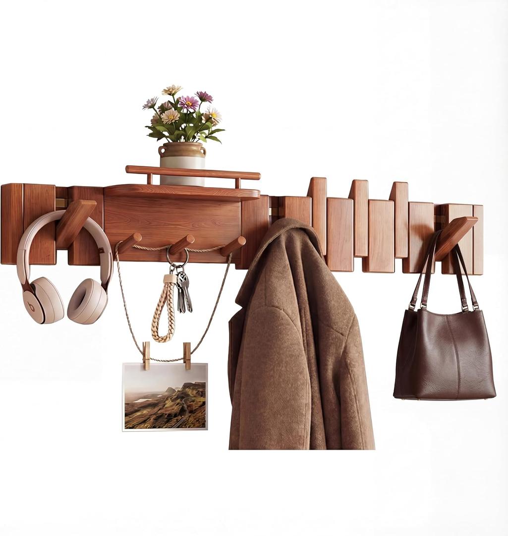 Mid Century Modern Wood Coat Rack Wall Mount with Shelf, 9 Hooks, Walnut