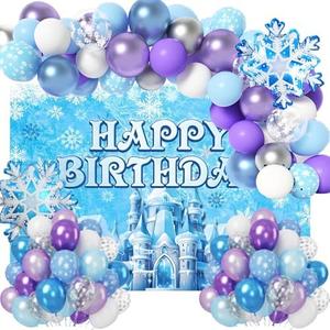 Frozen Birthday Party Decorations Frozen Party Supplies 73 Pcs Include Frozen Balloon Garland Arch Kit, Snowflake Foil Balloon and backdrop for Birthday party
