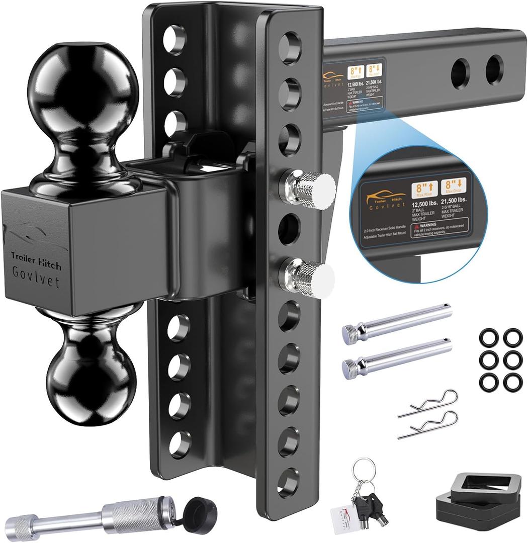 Adjustable Trailer Hitch - Drop Hitch (Fits 2-Inch Receiver) - Heavy Duty Tow Hitch with 8" Rise/Drop, 2" & 2-5/16" Dual Ball Hitches for Truck (21,500 LBS GTW) - w/Anti-Theft Hitch Lock Pins