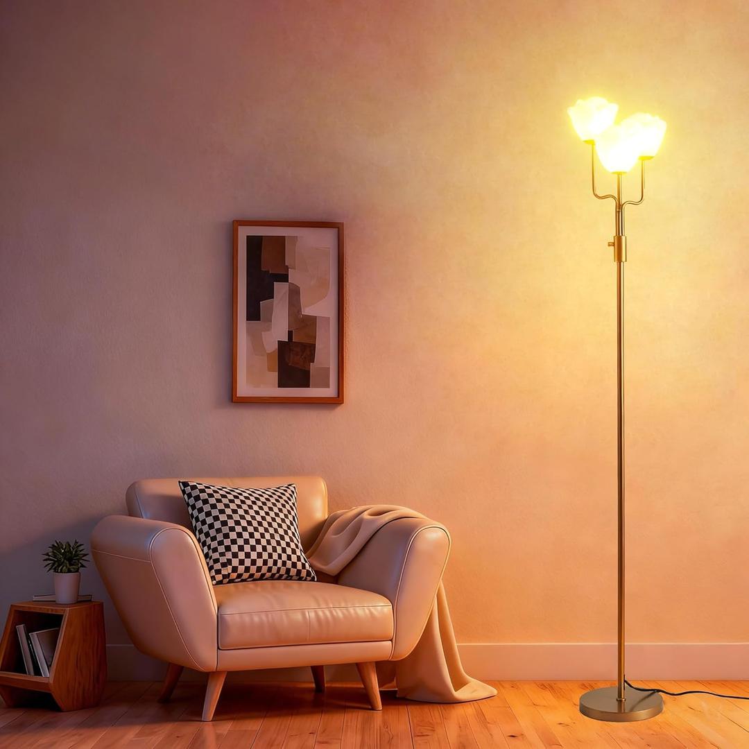 Fiqevs Dimmable Flower Floor Lamp for Living Room, Vintage Floor Lamp with 3 LED Bulbs, Mid Century Gold Standing Lamp with Acrylic Shade, Floral Tall Lamp for Bedroom Office - Antique Brass