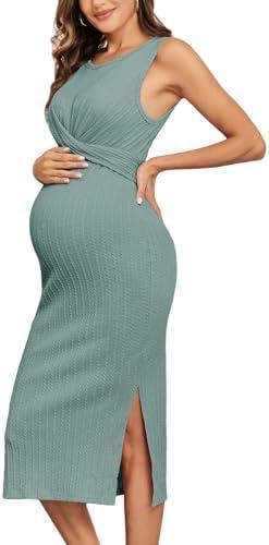 AISWI 2024 Ribbed Knit Maternity Dress Crisscross Self Tie Sleeveless Tank Bodycon Slits Baby Shower Vacation Casual, M (Light Heather Green)