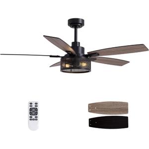 52 Inch Ceiling Fans with Lights and Remote Control, Farmhouse Ceiling Fan for Bedroom Living Room and Patio, Black Caged Ceiling Fan for Indoor and Outdoor