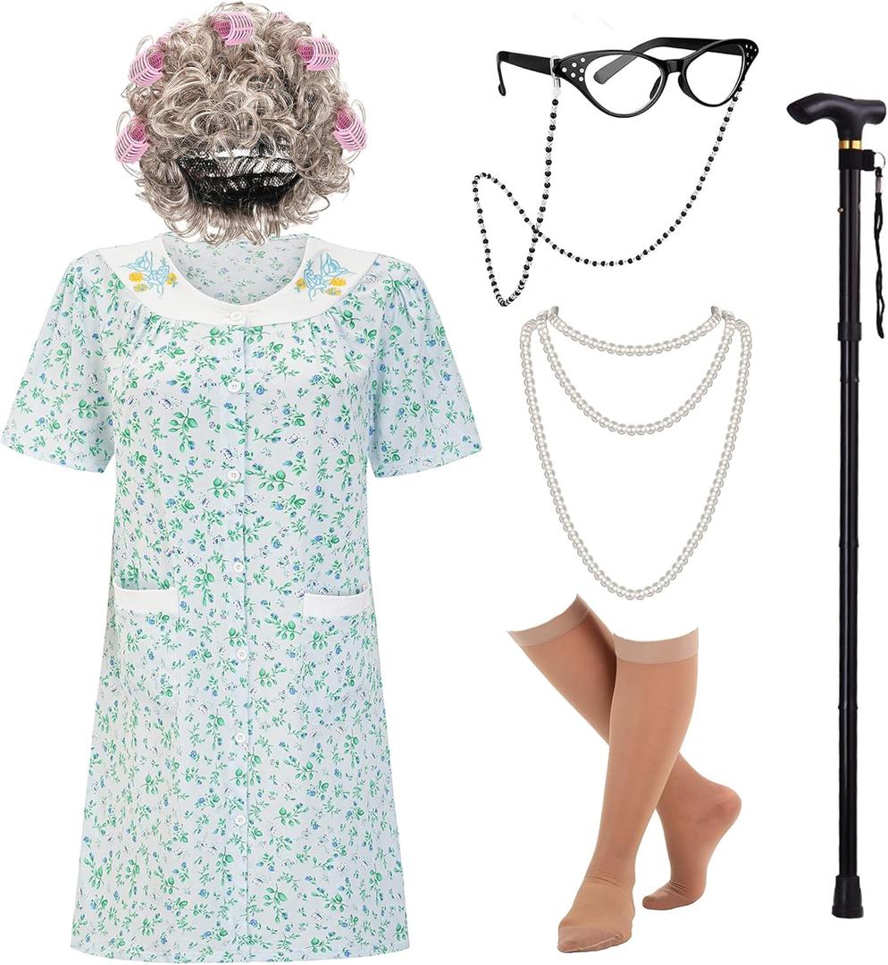 EBYTOP Women's Old Lady Costume Kit with Nightgown Wig Cane & Other Halloween Cosplay Accessories (Large/X-Large, Blue)