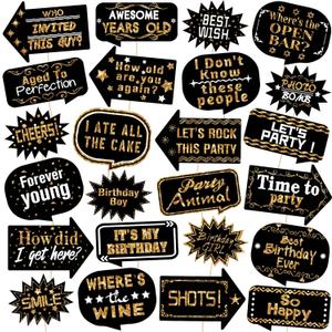Outus 24 Pieces Photo Booth Props Birthday with Stick Happy Birthday Weddings Graduation Prom Bday New Year Party Supplies Funny Photo Booth Pose Signs Selfie for Men Women(White, Gold)