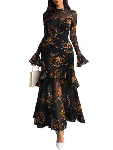 GothDark Womens Floral Maxi Dress Sheer Mesh Bell Sleeve Tiered Ruffle Gothic Romantic Casual Long Dresses Multicolor, Size M