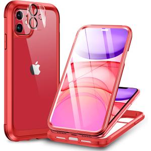 Miracase Glass Series for iPhone 11 Case 6.1 inch, Upgraded Full-Body Rugged Phone Bumper Case Cover with Built-in 9H Tempered Glass Screen Protector and Camera Protector, Red