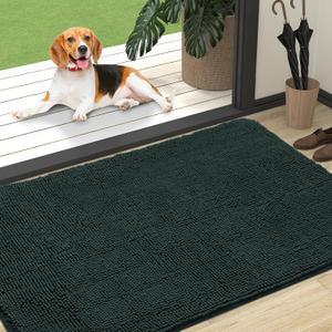 OLANLY Dog Door Mat for Muddy Paws 47x32, Absorbs Moisture and Dirt, Absorbent Non-Slip Washable Doormat, Quick Dry Chenille Mud Mat, Entry Indoor Entryway Carpet for Inside Floor, Blackish Green