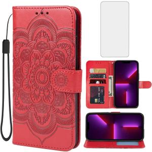 Bohefo Case for iPhone 13 Case, iPhone 14 Wallet Case with Tempered Glass Screen Protector, Embossed Mandala Leather Flip Credit Card Holder Stand Phone Cover Cases for Apple iPhone 13 Red