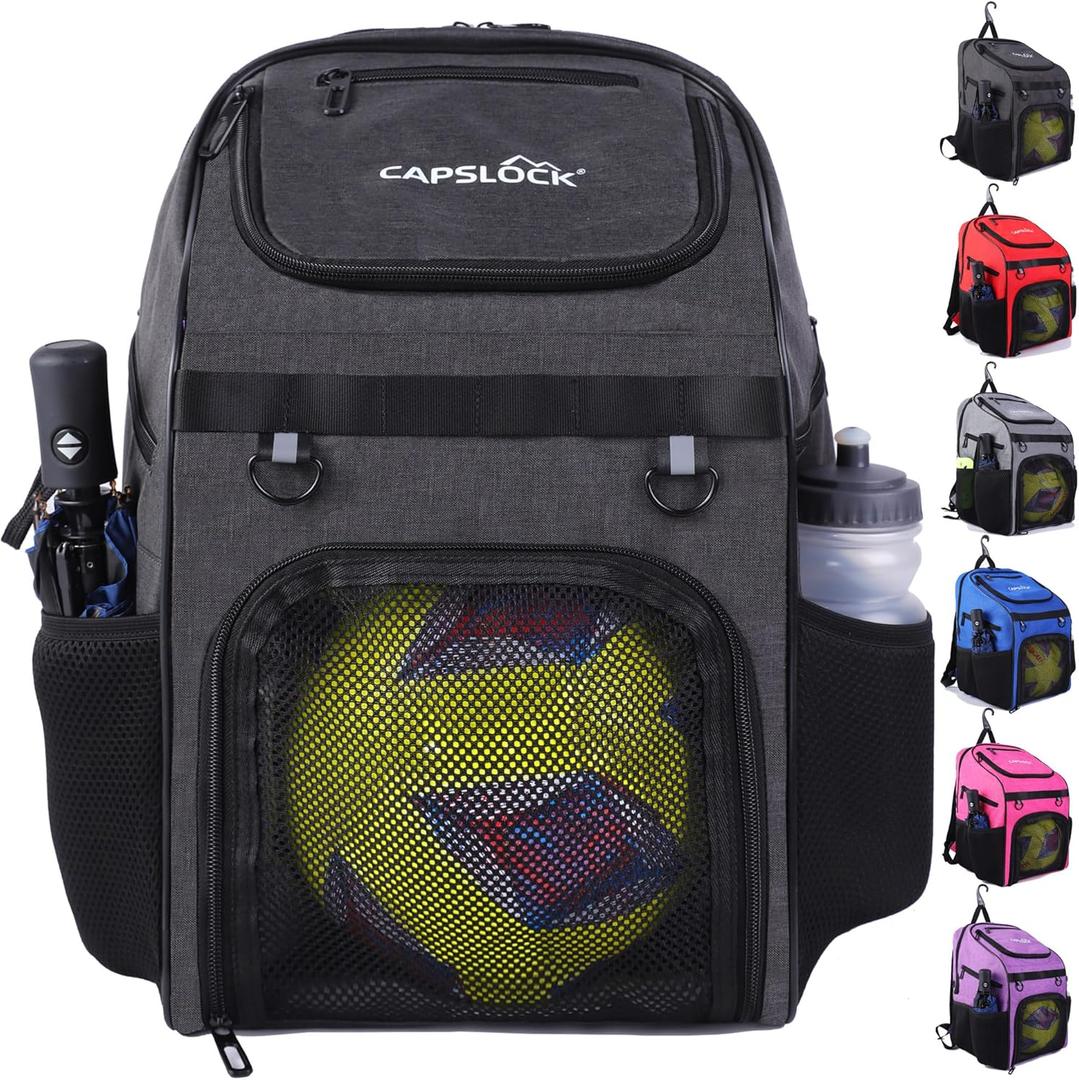 CapsLock Youth Soccer Bag - Boys Girls Soccer Backpack & Bags for Basketball, Volleyball & Football | Includes Separate Cleat and Ball Compartment, and Convenient Fence Hook. (Black)