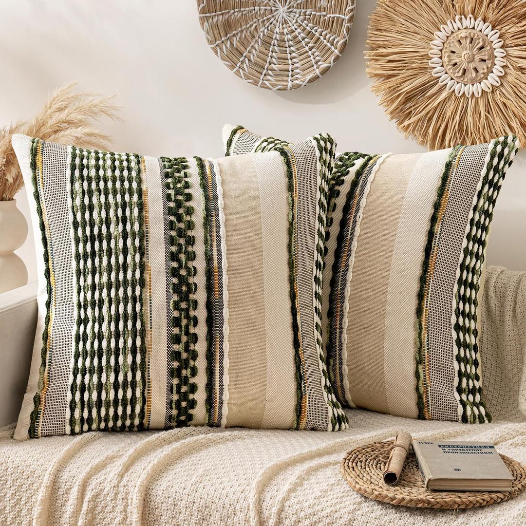 ANRODUO Pack of 2 Boho Decorative Throw Pillow Covers 26x26 Farmhouse Cushion Case Striped Chenille Pillow Cases Square Pillow Covers Accent Neutral Pillowcase for Sofa Couch Bed, Olive Green Stripe