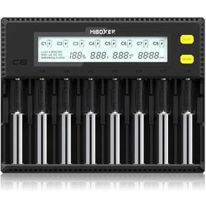 MiBOXER 18650 Battery Charger, 8-Bay Smart Charger with Automatic LCD Display, Fast Charge Rechargeable Li-ion LiFePO4 Ni-MH Ni-Cd AA AAA C 21700 26650 13650 16340 18350 18700 RCR123