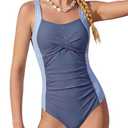 JiAmy Girls One Piece Swimsuit Color Block Bathing Suit Cross Ruched Adjustable Straps Modest Swimwear Blue 11-12Y