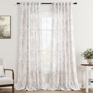 Vintage Floral Curtains - 95 Inch Long Grey Patterned Sketch Print Burlap Textured Farmhouse Country Shabby Chic Back Tab Cream Linen Drapes for Living Room and Bedroom (52"W x 95"L (Pack of 2))
