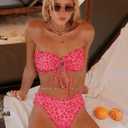 SHENHE Women's 2 Piece Bandeau Bikini Set Floral Print Tie Knot Ruffle Strapless Swimsuits, X-Large Pink