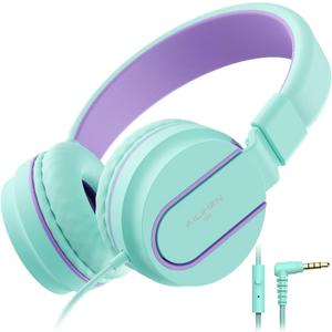 Kids Headphones, AILIHEN I35 On-Ear Headphones for School, 93dB Headphones Boy Girl, 3.5mm Wired Mic for Chromebook, Laptop (Green/Purple)