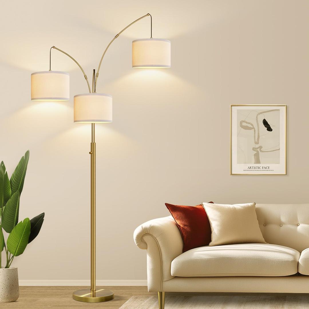 Dimmable Floor Lamp, 3 Light Brass Arc Floor Lamp, Modern Tall Standing Tree Lamp with White Linen Shades & Heavy Base, 3000LM LED Bulbs, Bright Lighting for Living Room, Bedroom, Office & Reading