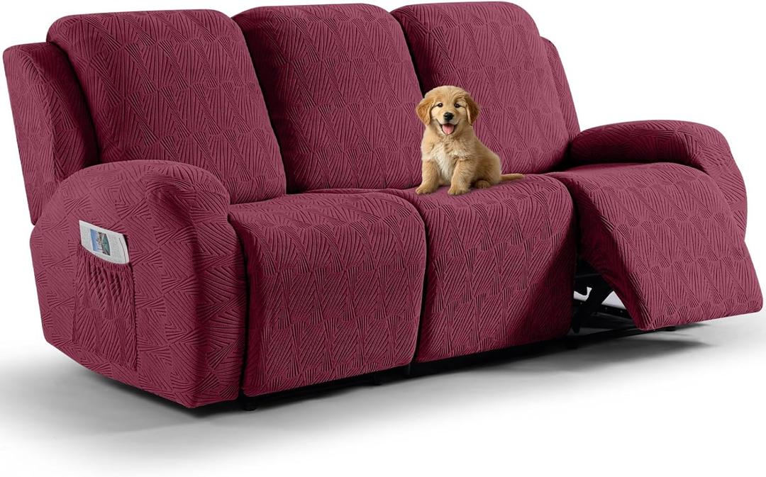 VANSOFY Recliner Couch Cover, 8-Pieces Stretch Recliner Sofa Cover Soft Jacquard Reclining Slipcover Furniture Protector with Elastic Bottom for Kid, Pets (3 Seat,Wine)