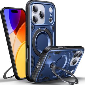 Designed for iPhone 17 Pro Max Magnetic Case, Compatible with Magsafe, 10ft Drop Test Hard Rugged, 360 Rotating Ring Kickstand Shockproof Protection Phone Case iPhone 17 Pro Max Cover, Blue