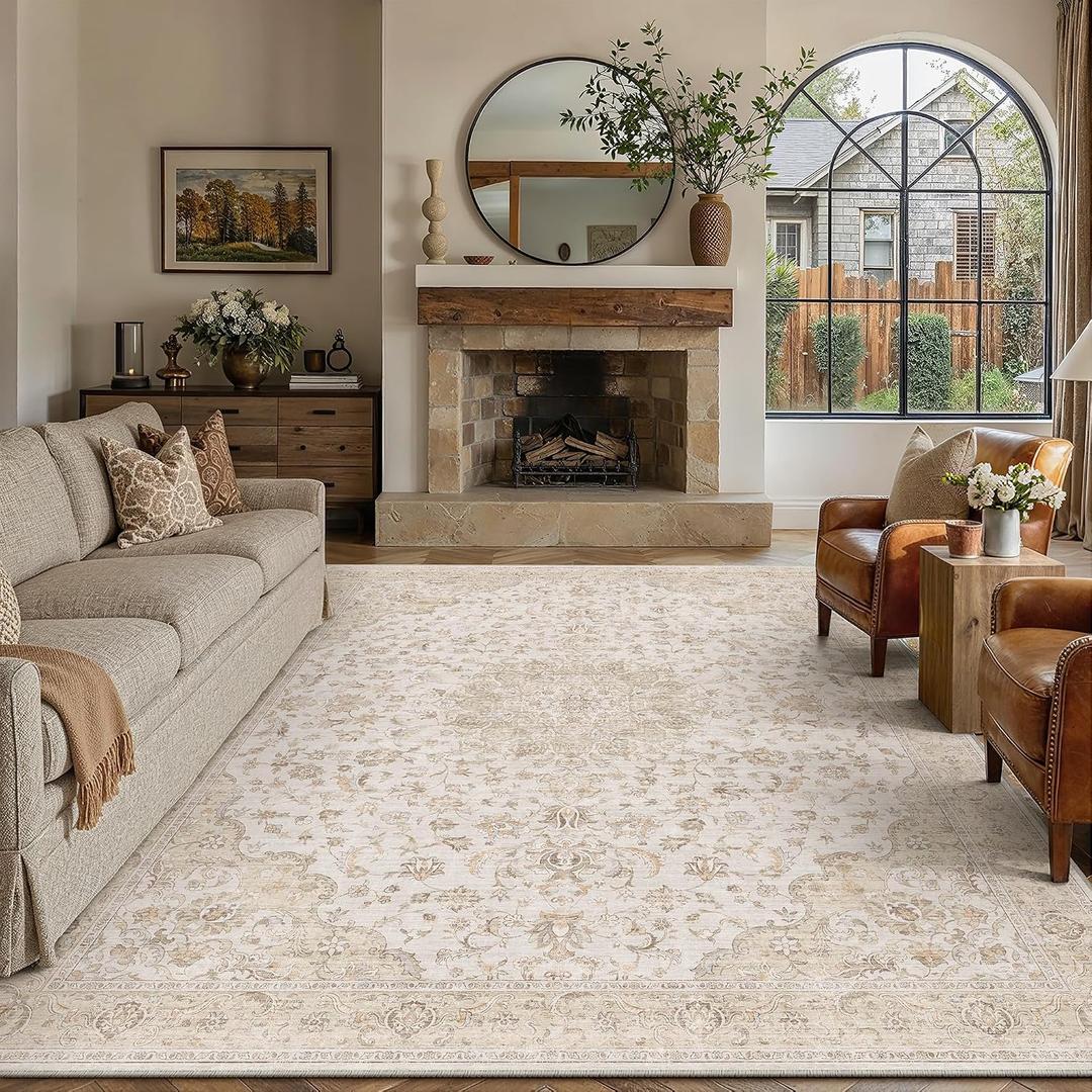 PureCozy 9x12 Area Rug Washable Neutral Beige Brown Vintage Floral