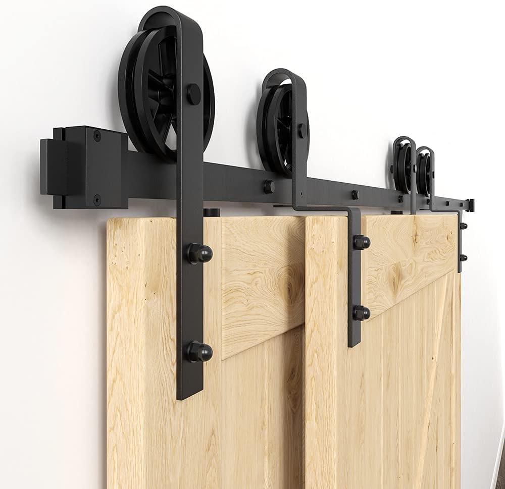 WINSOON 5FT Bypass Sliding Barn Door Hardware Kit Single Track for Double Doors, Big Spoke Wheel, Heavy Duty, One Piece Rail Low Ceiling