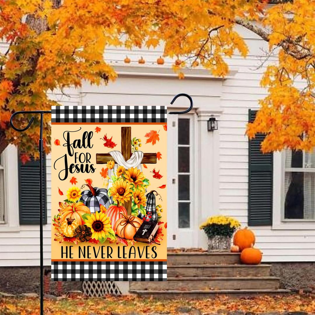 Fall For Jesus He Never Leaves Garden Flag, Double Sided Outside Yard Farmhouse Lawn Porch Decor Banner, Religious Autumn Pray Gifts for Christian, Halloween Thank You Gifts for Family Friend (Black02)