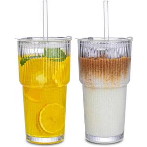20oz Ribbed Glass Tumbler with Straw & Lid 2 Pack Iced Coffee Cups,Glass Mug for Cold & Hot Beverages Travel Cup for Smoothies, Tea, and Juice