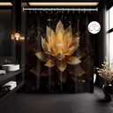Black and Gold Shower Curtain Lotus Flower Shower Curtains for Bathroom Decor Decorative Yellow Golden Floral Bath Curtain Set with Hooks, Waterproof Cloth Fabric, 70x72in