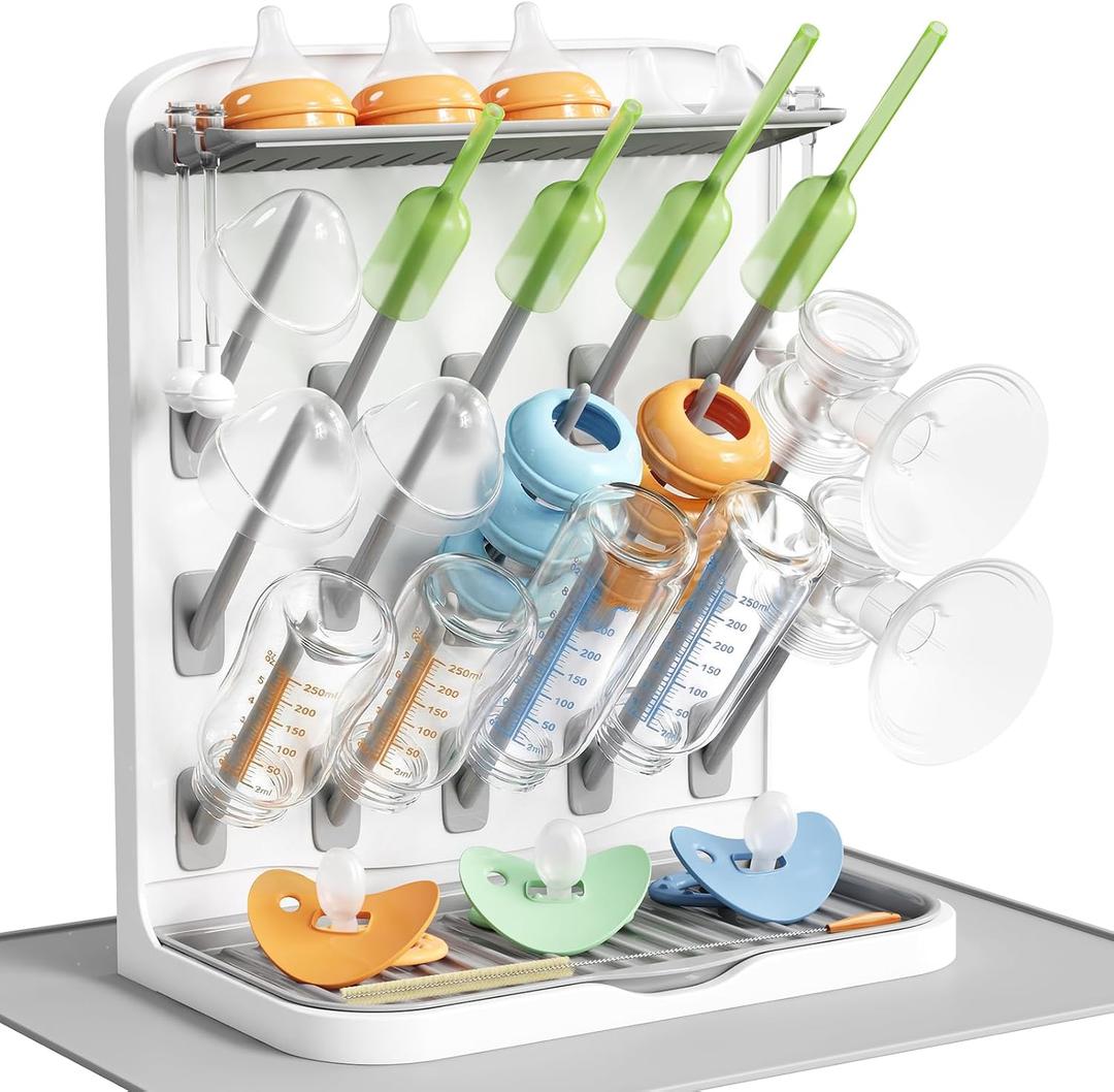Lifewit Large Baby Bottle Drying Rack with Drain Mat & 15 Hooks, Newborn Essentials Must Haves, Countertop Holder Organizer for Baby Stuff, Rack Dryer for Pacifiers, Weighted Straws, Pump Parts