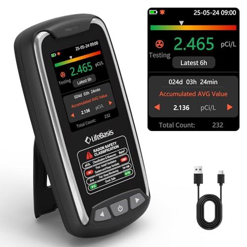 LifeBasis Radon Detector with TFT Color Display, Portable Radon Monitor for Home Rechargeable Radon Tester Long Data Storage with Visual and Audible Alarm First Data Display in 6 Hours pCi/L or Bq/m³, Silver Black