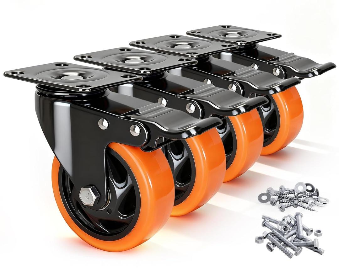 Caster Wheels, 4 Inch Caster Set of 4, Dual Locking PU Casters 2400LB, Swivel Casters for Furniture, Workbench & Tool Cart Quiet, Floor Safe, Smooth Rolling