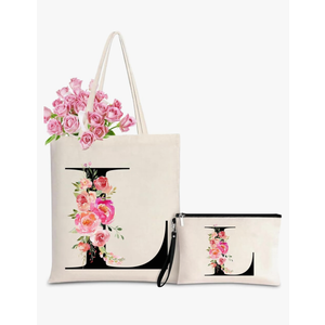Initial Canvas Tote Bag for Women, Personalized Monogrammed Tote Bags with Makeup Gift Bag for Wedding Bridesmaids Birthday