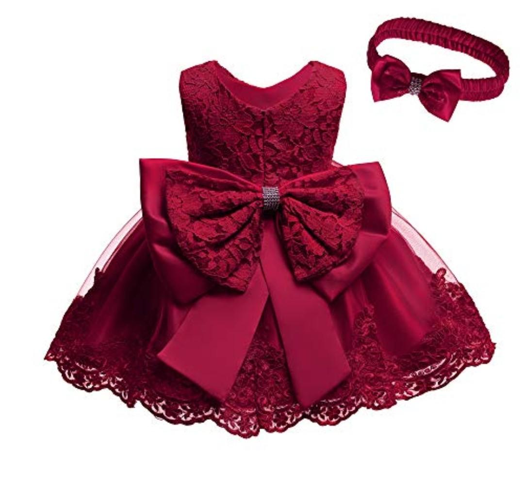 WZSYGDTC Little Girls Baptism Christening Lace Embroidery Dresses Toddler Wedding Bridesmaid Tutu Dress (Burgundy, 90)