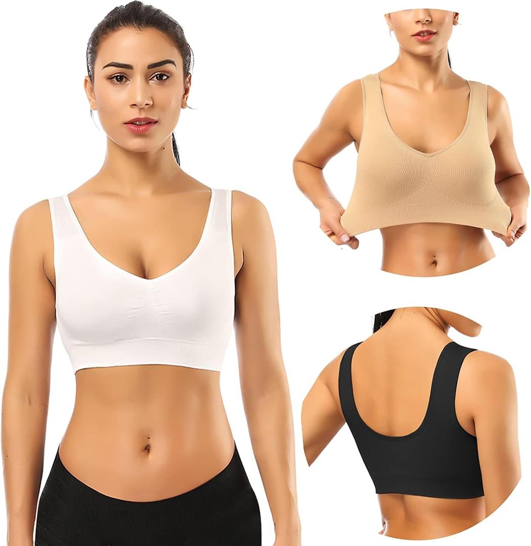 BESTENA Sports Bras for Women, Seamless Comfortable Yoga Bra with Removable Pads (Large, 03-3 Pack Black Nude White)