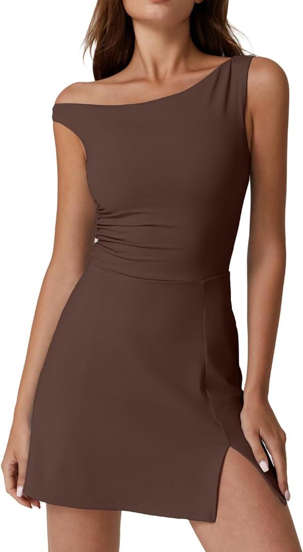 QINSEN Womens One Shoulder Sleeveless Tennis Dress Built in Shorts Golf Athletic Dress with Pockets (Size Medium, Chestnut)