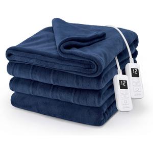 Sunbeam Electric Royal Luxe Microplush Heated Blanket, 12 Heat Settings, 12-Hour Auto Shut-Off, Fast Heating, Warm and Cozy, Navy Blue,Queen (84" x 90")
