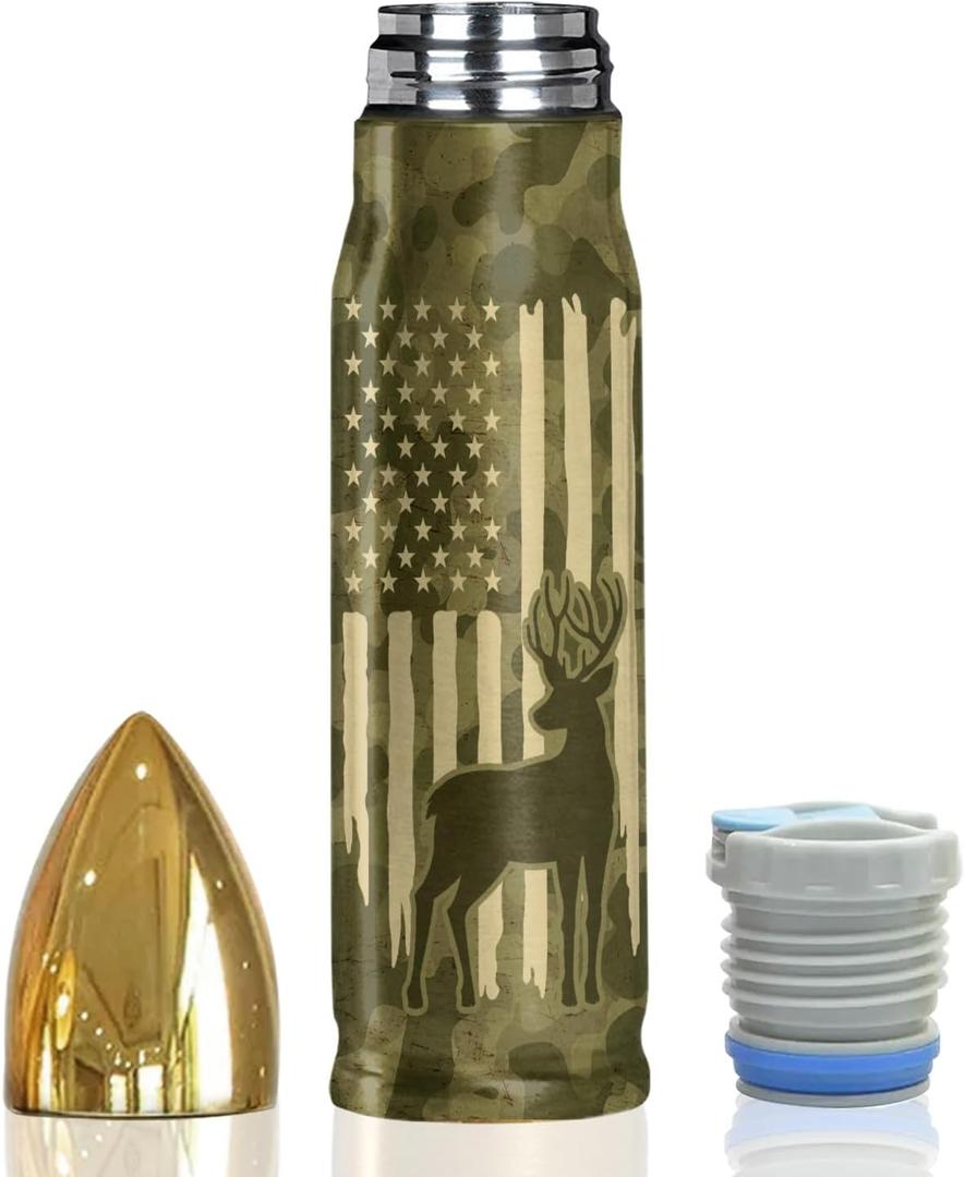 Deer American Flag Camouflage 17oz Stainless Steel Bullet Tumbler - Deer Hunting Gifts for Men - Unique Birthday Fathers day or Christmas Gifts for Hunters