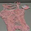 WDIRARA Women's Sexy Lingerie Set Floral Lace Garter Bustier Lingerie Set with 1Pair Fishnet Stocking (Medium, Light Pink Lace)