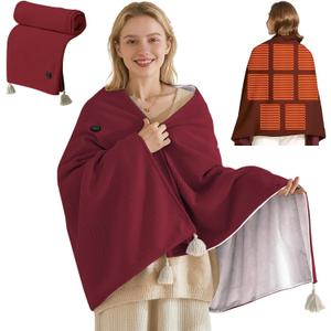 USB Portable Heated Electric Blanket - Cordless Heated Throw Blanket for Outdoor with 3 Heating Levels-Wearable Shawl for Travel,Camping,Bed-Winter Gifts for Women(Battery Not Included) (Dark Red)