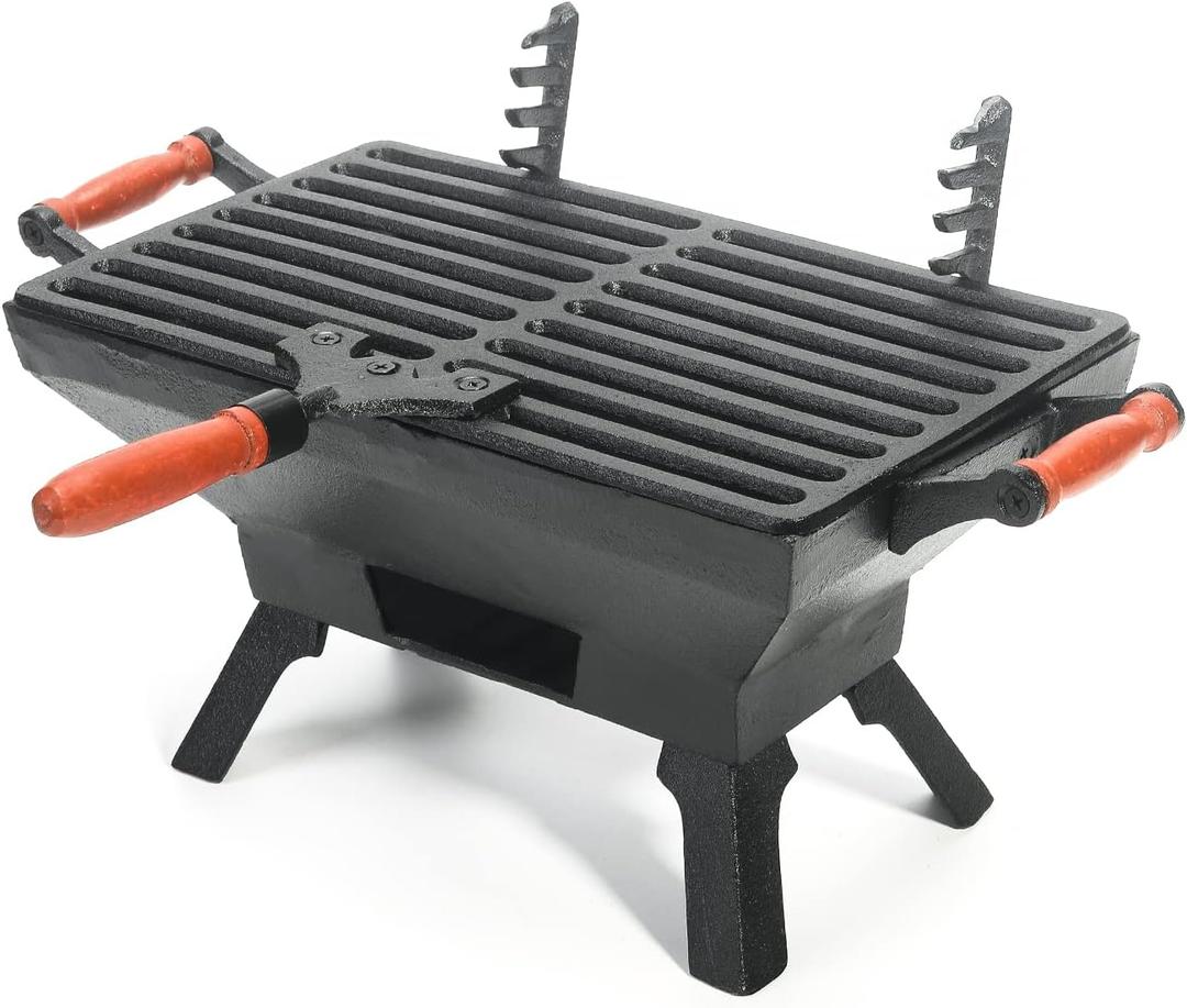 Sungmor Compact Cast Iron Charcoal Grill - Tabletop BBQ Grill with Adjustable Grate & Wooden Handles, 12 x 7 Ideal for 1-3 People - Portable Heavy-Duty Grill for Camping, Balcony & Small Spaces