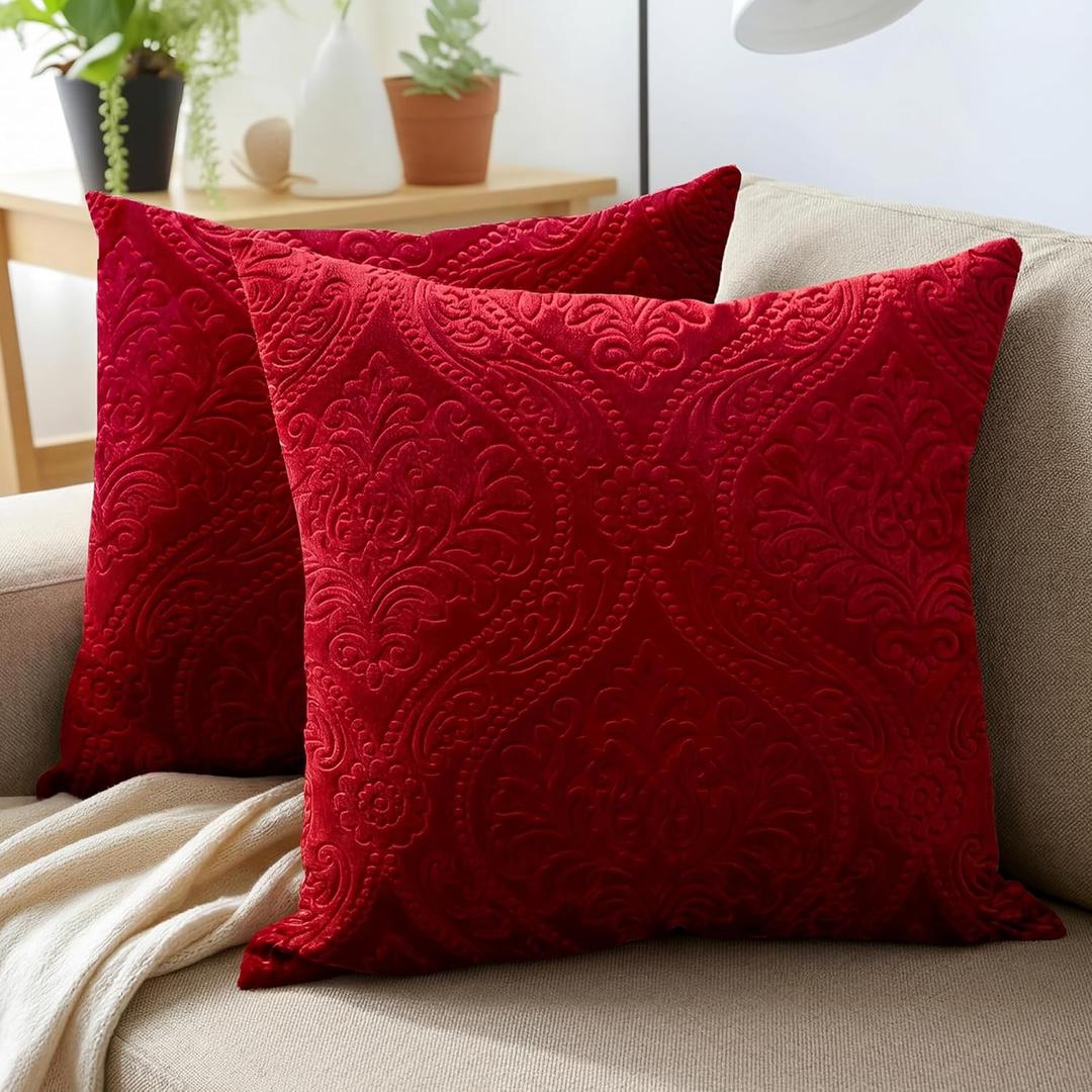 Encasa XO Luxury Embossed Velvet Throw Pillow Covers - Plush Cushion Covers for Elegant Living Rooms & Bedrooms, Machine Washable, 20"x20" Red | Set of 2 | Covers Only No Insert