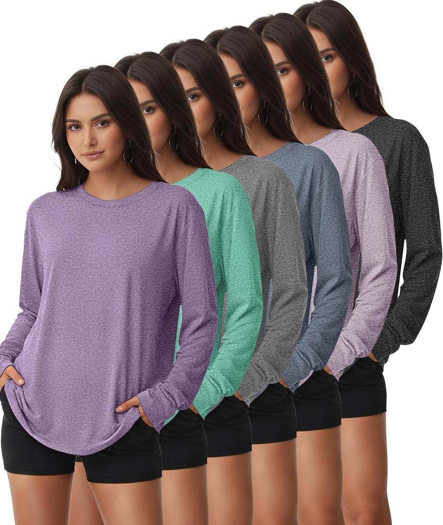 Kinglaman 6 Pack Women's Long Sleeve Workout Dry Fit Shirts, UPF 50+ Rash Guard SPF UV Sun Protection Swim Tee Shirts (L)