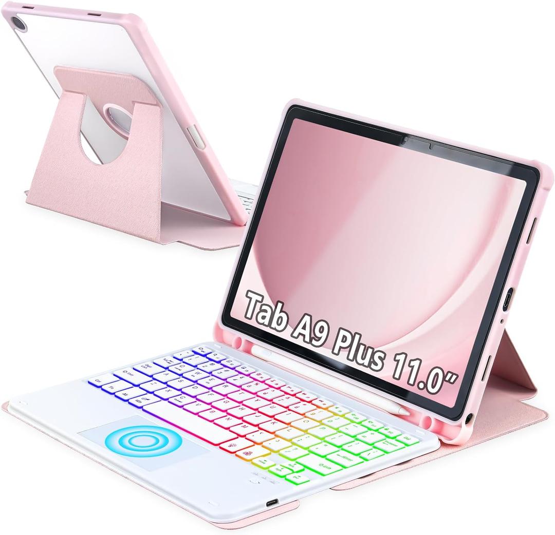 Touchpad Keyboard Case for Samsung Galaxy Tab A9 Plus 11 inch SM-X210/X215/X216, 360 Degree Rotating Cover with Color Backlight Magnetic Removable Keyboard for Tablet A9+ (Pink+White)