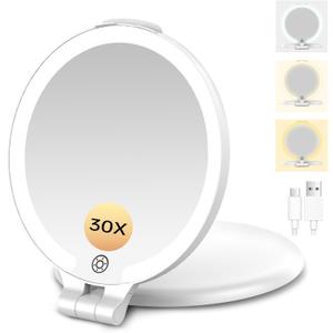 FUNTOUCH Rechargeable Travel Makeup Mirror 30X Magnification, 7" Lighted Portable Vanity Mirror with 3 Colors Lighting & Stepless Dimming, Double Sided LED Mirror, Gift for Women,White