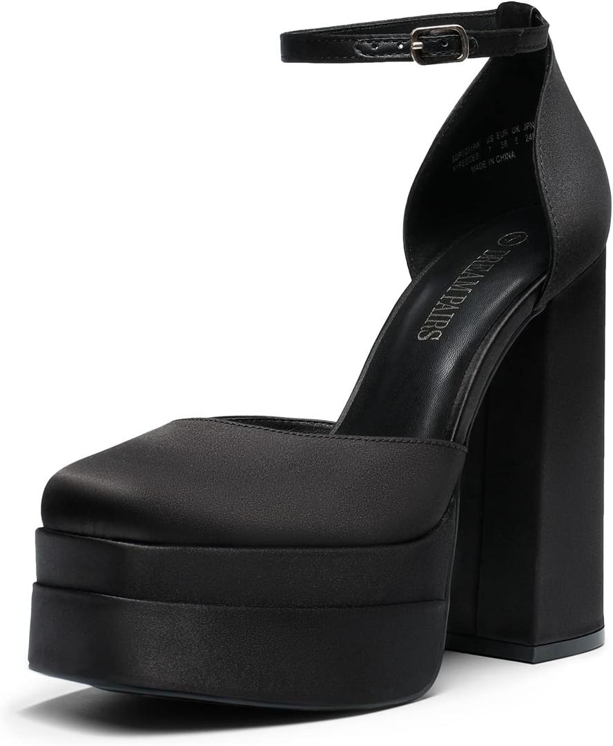 DREAM PAIRS Women’s High Chunky Platform Closed Toe Block Heels Square Toe Ankle Strap Dress Wedding Party Pumps Shoes Aurelia,Size 10,Black-Satin,SDPU2319W