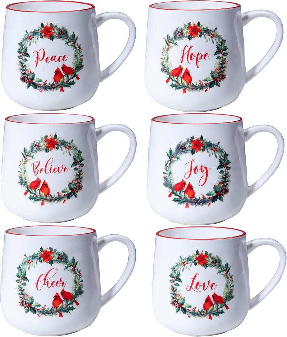 Christmas Ceramic Coffee Mug Set of 6, 16 OZ Holiday Porcelain Mugs, Wreath with Red Cardinal design With words Hope,Peace, Cheer, Joy, Love, Believe Cups for Xmas Gift Party Supplies